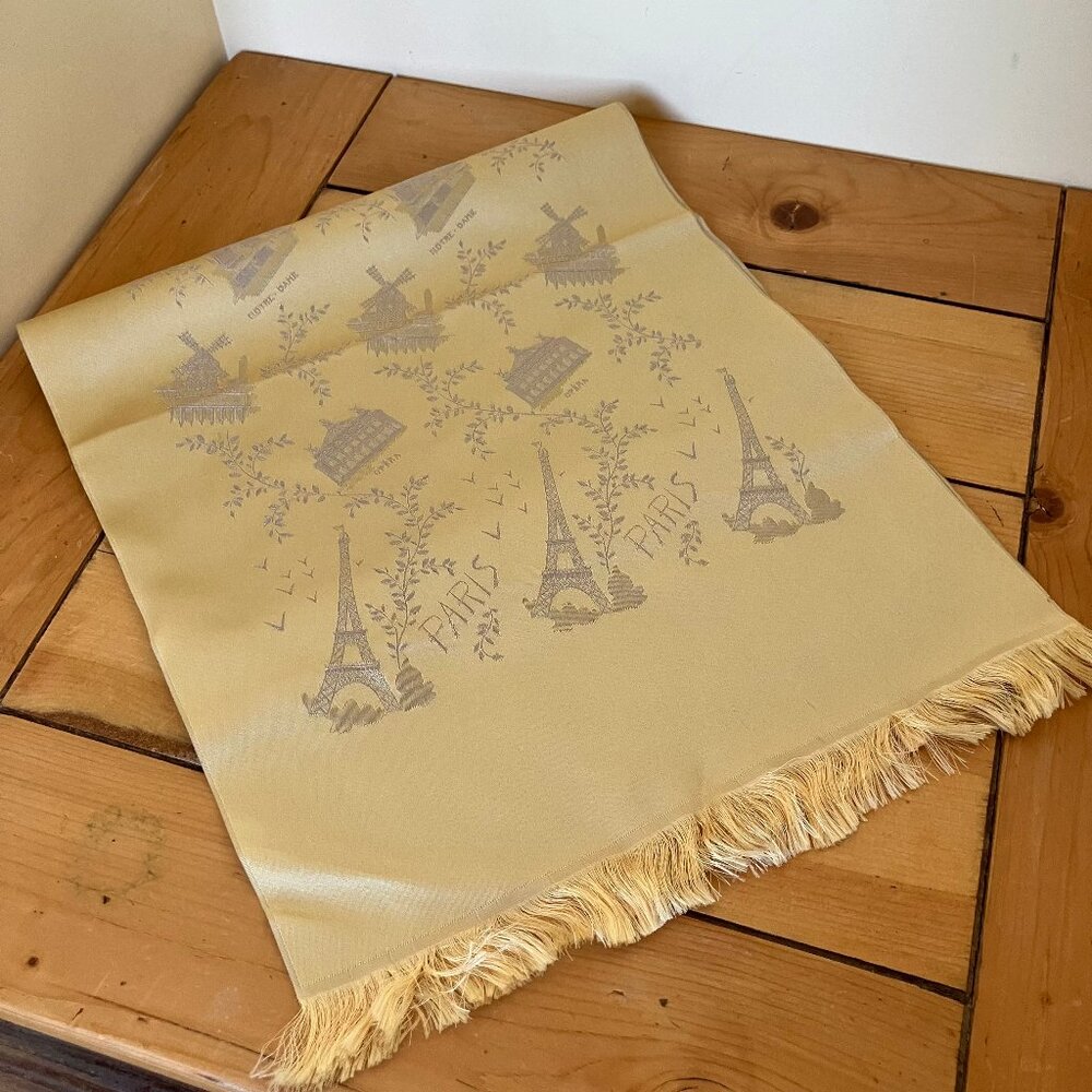 Paris Landmark Gold Satin Table Runner Fringe Ends Vintage Eiffel Souvenir 12x44